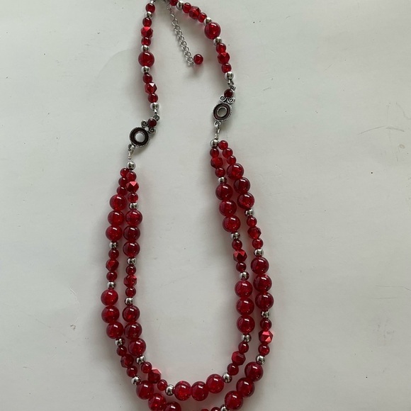 Hand Crafted Necklace & Dangle Earrings Set Fire Red Silver Beads Double Strand - Picture 6 of 7